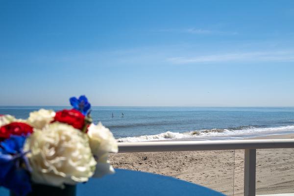 shot of the Californian coast with a set of flowers in front