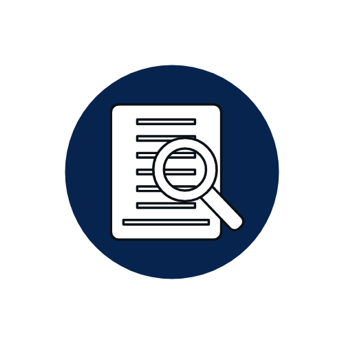 Paper with magnifying glass icon in blue circle